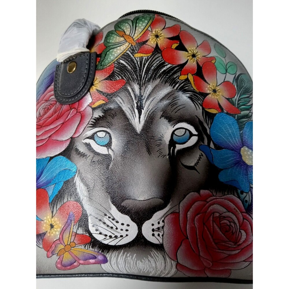 NWT Anna by Anuschka Hand-Painted Leather Lion In Flowers Domed Crossbody Bag